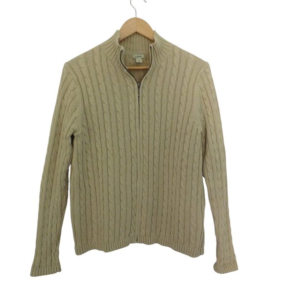 LL Bean womens Full Zip Cardigan Sweater Mock Neck Cable Knit Beige Size Large - Picture 1 of 7